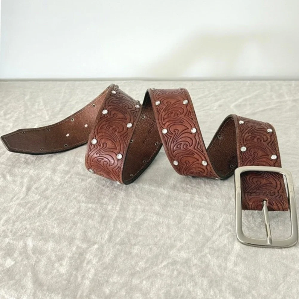 Vintage Guess Leather Belt Western Rhinestone Embossed Full Grain Silver Buckle
